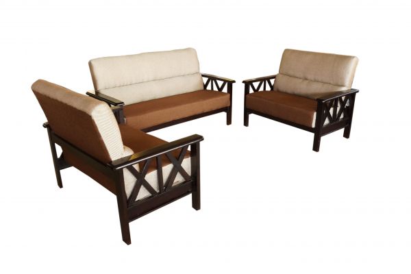 Detec™Oak Wood Sofa Set in Cream and Brown Colour Judy Fabric