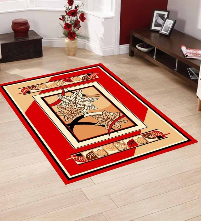 Detec™ Floral Pattern Polyester Rug - Red Color