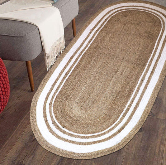 Cotton and Jute Floor Rug - White and Beige Color 