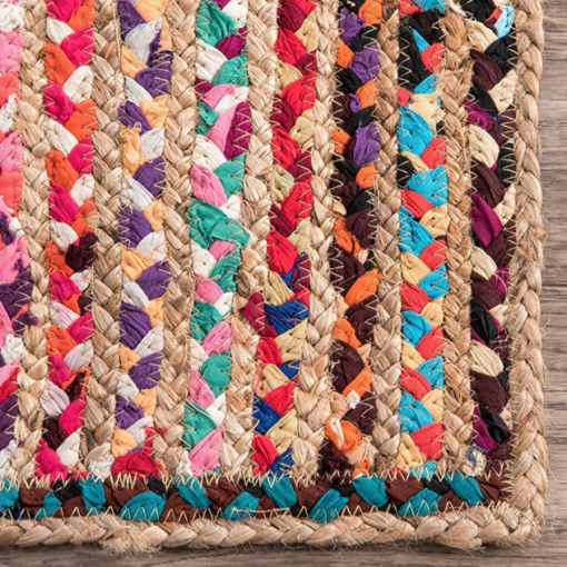 Detec™ Eco-friendly Recycled Jute & Chindi Handmade Braided Area Rug – Colorful Straight Line Design 